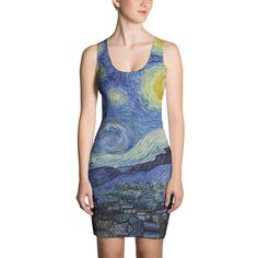 Starry Night Vincent van Gogh Dress- Artistic Fitted Dress- Colorful Art Dress- Painting- Sublimation Cut & Sew Dress- Masters- Art Outfit Van Gogh Dress, Vincent Van Gogh Starry Night, Sew Dress, Starry Night Painting, Dress Painting, Art Outfit, Printed Yoga Leggings, The Starry Night, Magnum Opus