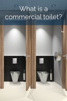 an advertisement for commercial toilet with two urinals in the middle and one on the wall