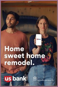 two people standing next to each other in front of a fish tank with the words home sweethome remodel us bank