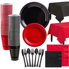 red and black party supplies including plates, napkins, forks and knives