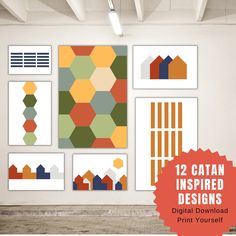 an image of art on the wall with text that reads 12 catan inspired designs