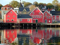 red buildings are reflected in the water on a cloudy day