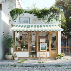 an outdoor shop with potted plants on the roof and awnings over it