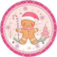 a paper plate with a gingerbread character in a santa hat and candy canes