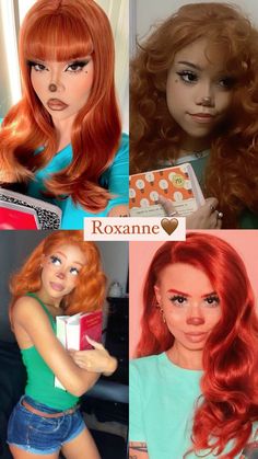 four different images of the same woman with red hair and blue shirt, one is holding a book