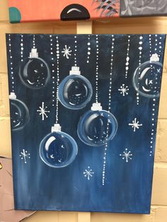 an acrylic painting of christmas ornaments hanging on a wall