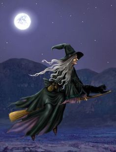 a painting of a wizard flying through the air with her broom in front of a full moon