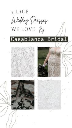 an advertisement for a wedding dress with images of flowers and leaves on the bottom right side