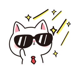 a white cat wearing sunglasses and a red tie with stars around it's neck