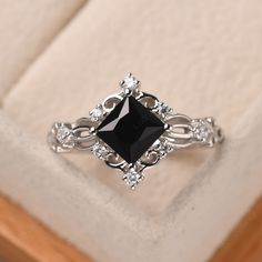 Black Wedding Rings For Women Diamond, Dainty Black Wedding Ring, Silver And Black Wedding Ring, Black Silver Ring, Black Diamond Engagement Ring Silver, Elegant Sapphire Square Cut Promise Ring, Elegant Square Cut Sapphire Promise Ring, Elegant Black Birthstone Ring For Anniversary, Elegant Black Spinel Diamond Ring As Gift