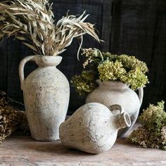 two vases with plants in them sitting on a table