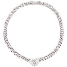 Gorgeous Chopard Happy Diamond series choker done in solid 18K White Gold Triple row necklace design showcasing a diamond incrusted Heart Pendant 45 total Diamonds Bezel-set surrounding the heart-shaped Pendant 3 loose "floating" Diamonds in the center behind sapphire glass Chopard serial #81/2267-20 Total weight: 113.5 grams Includes original Chopard case & box White Gold Heart Necklace, Chopard Necklace, White Gold Cross Necklace, Gold Cross Necklace, Heart Pendant Gold, Rose Gold Heart, Necklace Design, Gold Heart Necklace, White Gold Necklaces