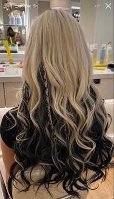 Blonde Hair And Black Underneath, Blonde Hair With Red Balayage, Black And Brown Hair Ideas, Long Blonde And Black Hair, Dyed Hair Black And Blonde, Dark Brown Hair Underneath Blonde On Top, Black Blonde Hair Underneath, Long Black And Blonde Hair, Black And Blonde Hair Color Ideas