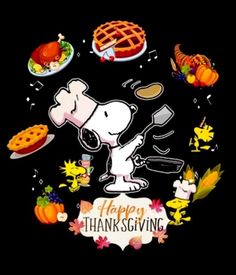 a snoopy thanksgiving card with the words happy thanksgiving written on it and various foods around it