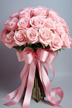 a bouquet of pink roses wrapped in ribbon