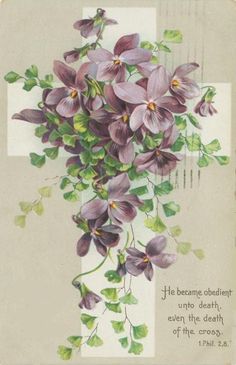 a card with purple flowers and green leaves