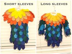 two pictures of different colored feathers hanging on the side of a wall with words short sleeves and long sleeves