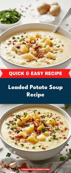 two bowls filled with loaded potato soup on top of a table