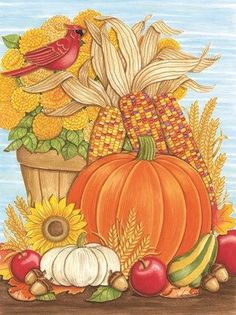 a painting of corn, pumpkins and other autumn items