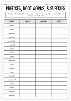 a printable worksheet for reflexs, root words and suffxes