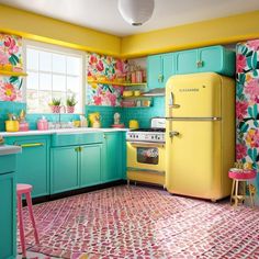 a brightly colored kitchen with floral wallpaper and colorful rugs on the flooring