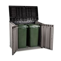 an open storage container with two green bins