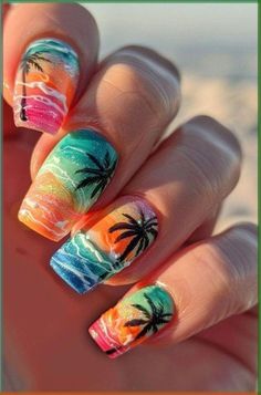 Cruise Nails Caribbean Carnival, Surf Nails, Cruise Nails Caribbean, Vacation Nails Beach, Cruise Nails, Hawaii Christmas, Beach Nail, Tropical Nails, Trees Art