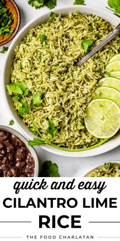 a white bowl filled with cilantro lime rice next to beans and garnishes