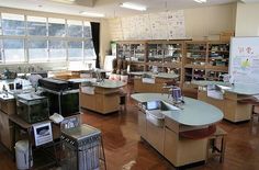 a room filled with lots of desks and shelves full of items on top of them