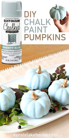 plastic dollar store mini pumpkins painted with chalk paint in Rust-oleum serenity blue, a soft blue grey color. Aqua Fall Decor Ideas, Blue Pumpkin Decor, Pumpkins Aesthetic, Paint Pumpkin, Pumpkins Painting, Heirloom Pumpkins, How To Chalk Paint, Paint Pumpkins, Pumpkins Decor