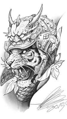 an ink drawing of a tiger wearing a helmet with flowers on it's head