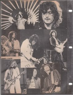 an advertisement for jimmy page's album, featuring photos of the band members and their guitars