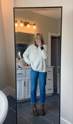 brown dr martens outfit ootd fit check sweater outfit Jeans And Sweater Outfit Winter, Casual Friday Teacher Outfit, Granola Western Fashion, Friday Teacher Outfit, Teacher Outfit Winter, Casual Teacher Outfits Fall, Jeans And Sweater Outfit, Sweater Outfit Winter, Granola Western