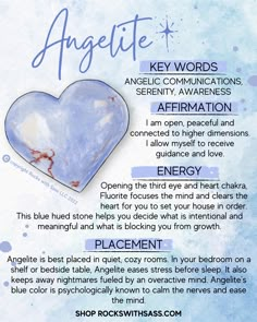 Approximate size: .75 - 1” LOCALITY: Peru You will receive 1 piece of Angelite and a meaning card with your order. KEY WORDS: Angelic Communications, Serenity, Expanded Awareness ENERGY: To better strengthen your relationship and connection to your spiritual guides, Angelite is here to help. Channeling energy through the throat and third eye up to the crown, this dreamy blue stone connects your senses beyond the physical plane. Symbols, signs, and messages will be easier to hear and see when usi Channeling Energy, Key Words, Crystal Healing Stones, Spiritual Guides, Crystal Magic