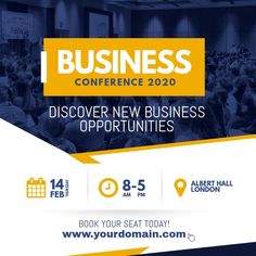 the business conference flyer with an image of people sitting in front of a large crowd