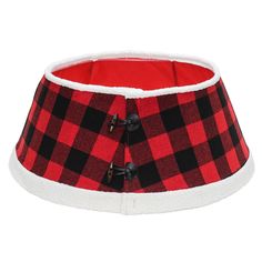 a red and black plaid lamp shade with buttons