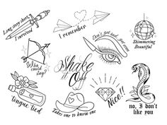 an ink drawing with different types of tattoos on it, including the words and symbols