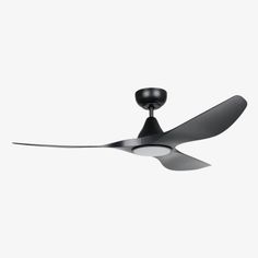 a black ceiling fan with two blades on the top and one light on the bottom