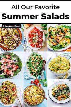 a collage of summer salads with text overlay that reads all our favorite summer salads