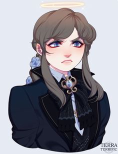 an anime character with long hair and blue eyes, wearing a black jacket and white collar