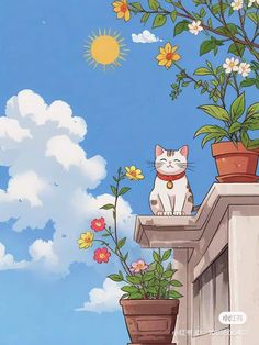 a white cat sitting on top of a balcony next to potted plants and flowers