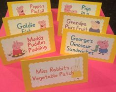 five peppo's vegetable patch cards on a pink tablecloth with yellow border