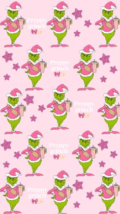 a pink and green pattern with an image of a frog wearing a santa hat