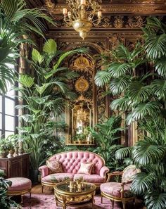 a living room filled with lots of plants and furniture