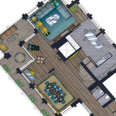 the floor plan of a house with furniture and decor on top of it, including a living room