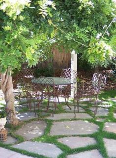 an outdoor table and chairs under a tree