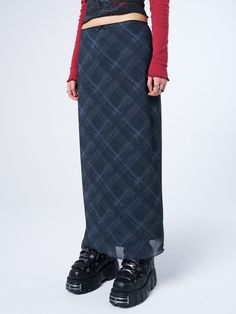 Add to your maxi skirt collection with our Erika Black Checked Mesh Maxi Skirt, perfect for layering with grunge tops, oversized sweaters, and Minga jackets. Buy Now Pay Later options available and 15% off for students. Plaid Maxi Skirt, Long Plaid Skirt Outfit, Cute Maxi Skirts, Edgy Tops, Maxi Skirt Fall, Long Plaid Skirt, Mesh Maxi Skirt, Plaid Skirt Outfit, Crewneck Vintage