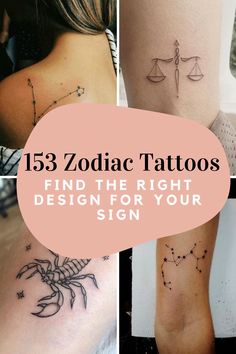 zodiac tattoos on the back of women's legs, and an image of scorpions