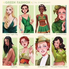 the different types of women in green outfits