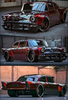 three different pictures of an old car with chrome rims and red paint on it